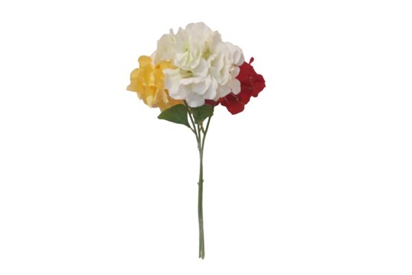 3 szálból álló hortenzia selyemvirág csokor - sárga, fehér, piros