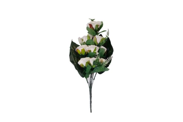 Selyemvirág csokor (fekvő) - 3 nagy levélen 9 fehér rózsafej