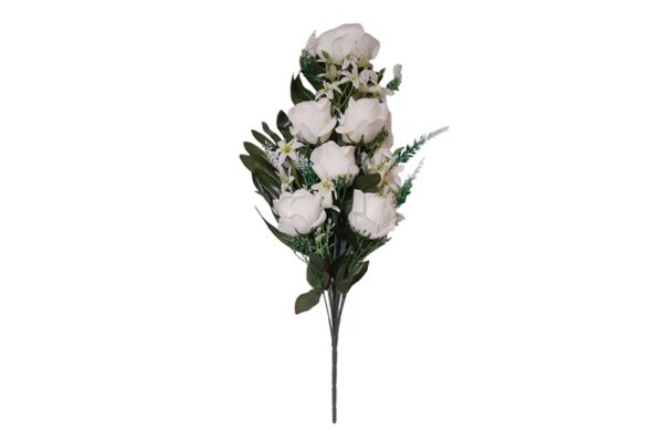 1 szálas selyemvirág kompozíció pálmalevelekkel, 8 fehér rózsafejjel, kiegészítőkkel