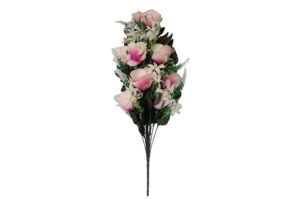1 szálas selyemvirág kompozíció pálmalevelekkel, 8 rózsafejjel pink-krém színben (művirág)