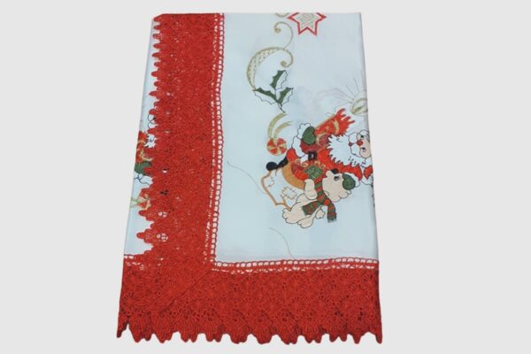 Karácsonyi asztalterítő - fehér, piros csipkés széllel, 85x85 cm