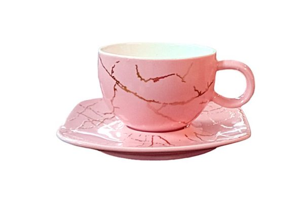 12 részes kávés csésze készlet, porcelán - rózsaszín, arany