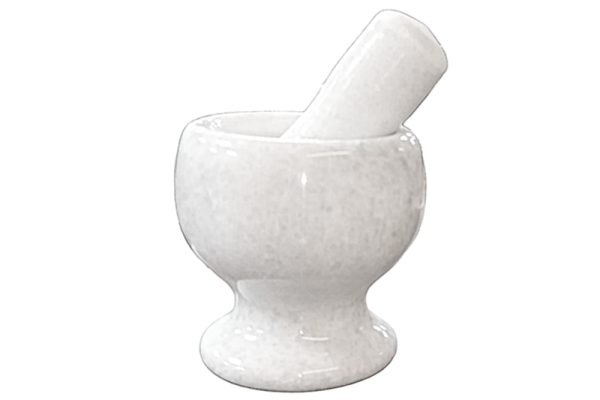 Kő mozsár, márványos (11x7 cm), törővel (13 cm), fehér
