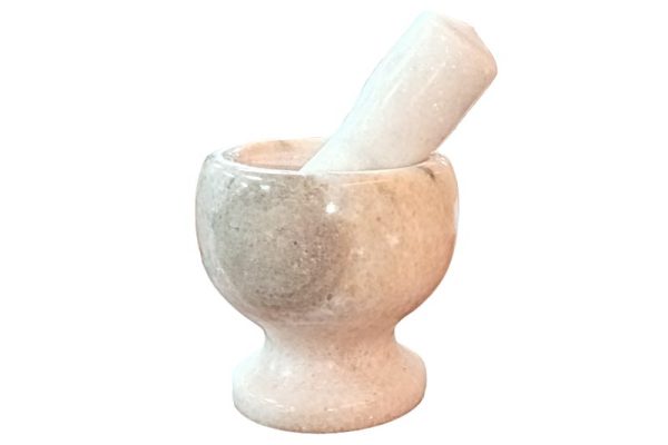 Kő mozsár, márványos (11x7 cm), törővel (13 cm) világos bézs