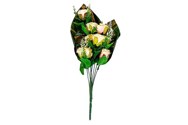 Selyemvirág szál - 3 nagy levélen 9 krémszínű rózsafej, rezgők